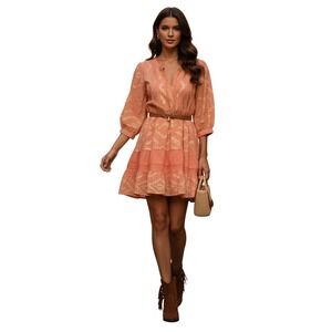 Rhea Peach Gold Metallic Ikat Boho Tiered 100% Cotton Mini Dress L XL V-Neck